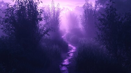 Fototapeta premium Serene pathway through misty purple woods at dawn invites exploration and tranquility. Generative AI