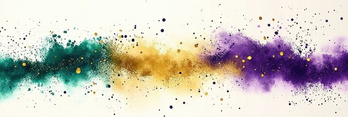 Colorful Abstract Digital Watercolor Background Inspired by Mardi Gras Celebrations with Vibrant Splashes in Purple, Green, and Gold Tones