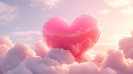 Fototapeta premium 3d futuristic pink pastel heart in 3d shape in blue sky and cloud