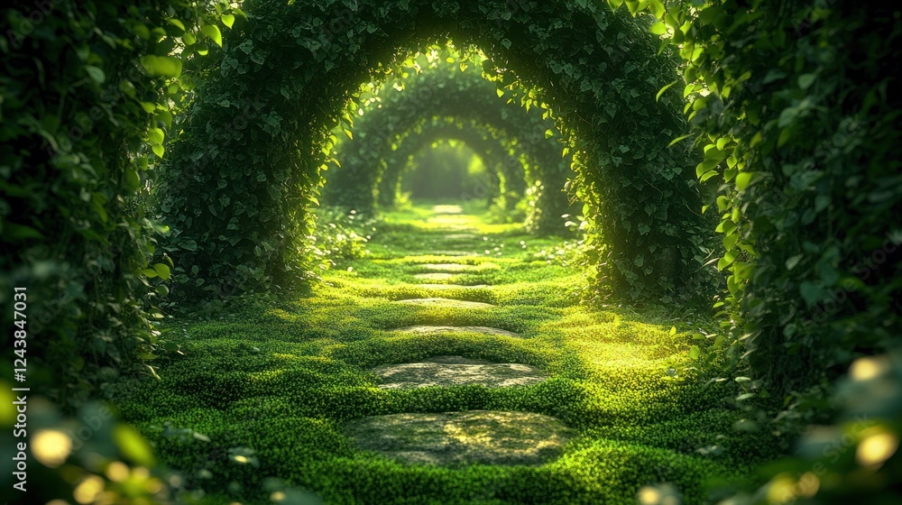 Poster enchanting pathway through lush green arches of ivy in a serene garden setting during daylight hours