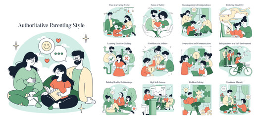 Authoritative Parenting Style. Flat Vector Illustration