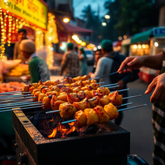 Street barbecue with meat skewers sizzling, very hot fire burning and man preparing food