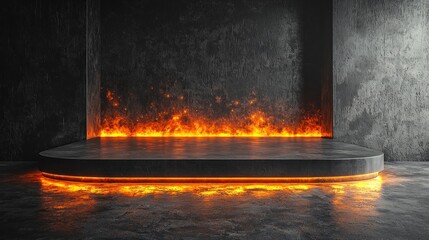 A dramatic, fiery stage with glowing orange flames against a dark textured wall, ideal for creative performances or events