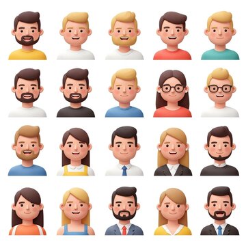 3D avatars set. Character portrait of cheerful men and women. Vector illustration in cartoon style
