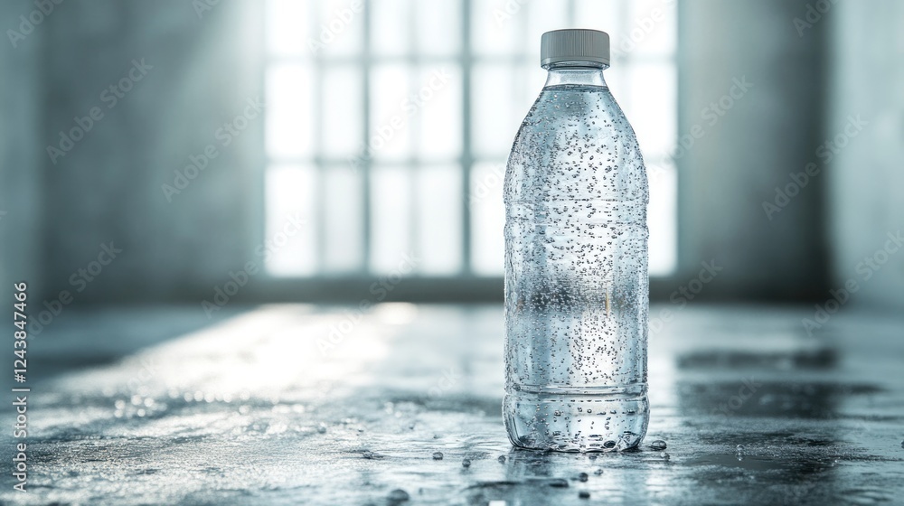 Poster clear water bottle placed on a reflective surface with condensation in a softly lit room. generative
