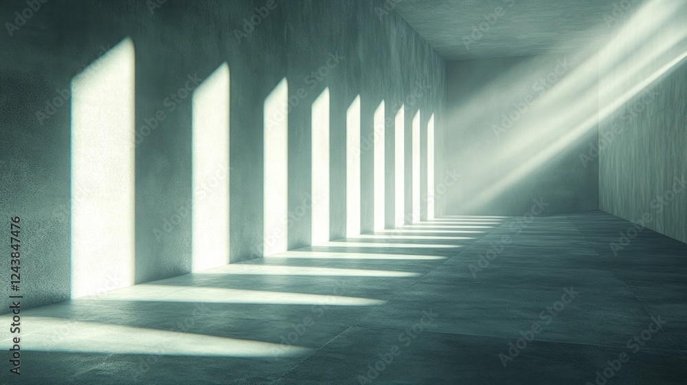 Poster light beams filtering through windows create striking shadows in a minimalist room interior. generat