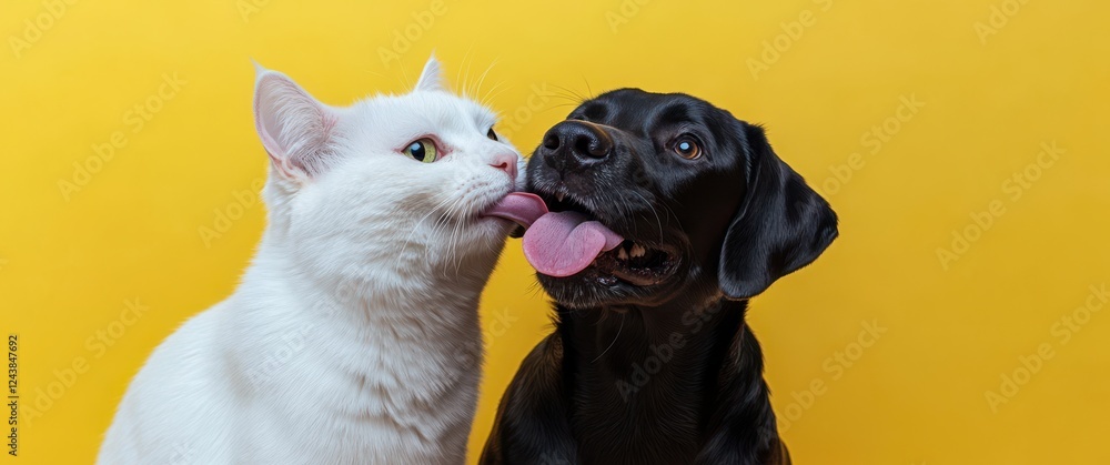 Poster playful cat and dog sharing affection against bright yellow background in cheerful pet portrait with