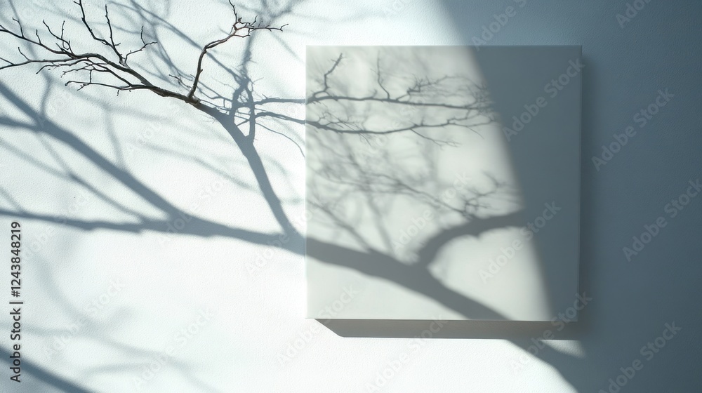 Poster shadows of branches cast on a blank canvas in a well-lit modern space. generative ai