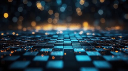 Obraz premium Glowing digital grid, abstract bokeh background, futuristic technology, website banner