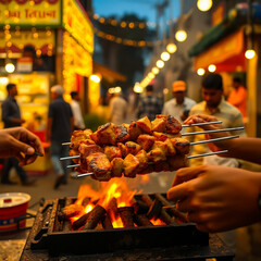 Street barbecue with meat skewers sizzling, very hot fire burning and man preparing food