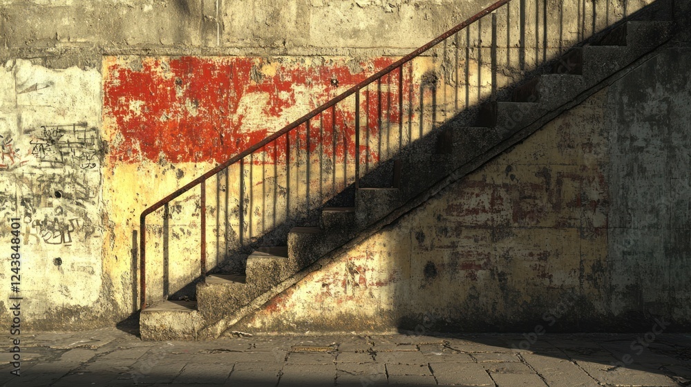 Aufkleber steps leading to a weathered wall adorned with faded red paint in an urban setting during late after