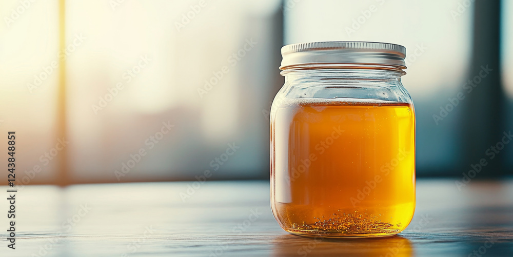 Poster a jar filled with golden organic honey sits on a wooden table illuminated by soft natural light. the
