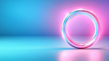 Vibrant neon ring illuminating a deep blue backdrop, captivating display of light and color
