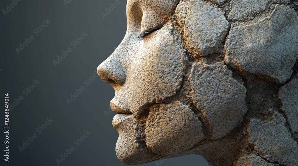 Poster abstract sculpture of a face with cracked texture, representing human emotion and fragility. generat