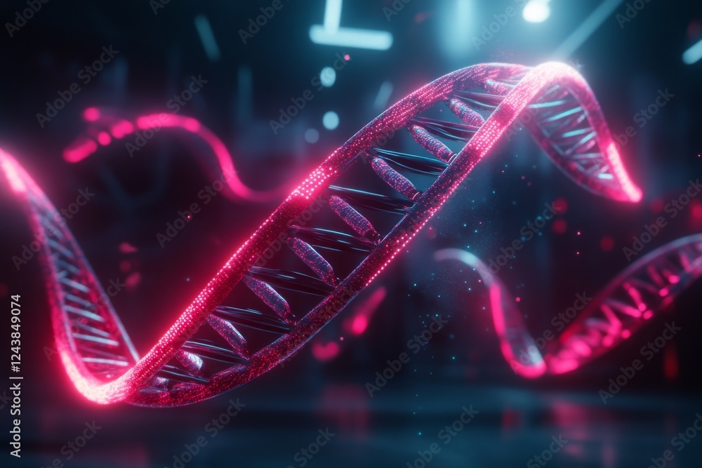 Poster a neon-lit cyberpunk laboratory with holographic dna strands floating in the air