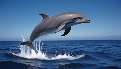 Fototapeta premium Un gran delfín saltando fuera del agua con agua salpicando a su alrededor contra un fondo de cielo azul profundo
