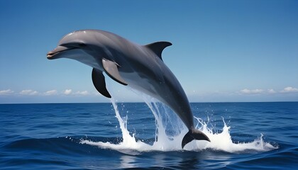 Obraz premium Un gran delfín saltando fuera del agua con agua salpicando a su alrededor contra un fondo de cielo azul profundo