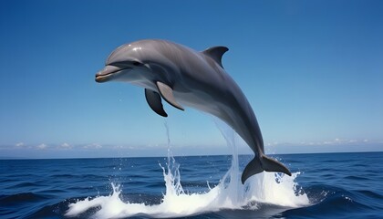Fototapeta premium Un gran delfín saltando fuera del agua con agua salpicando a su alrededor contra un fondo de cielo azul profundo