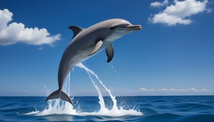 Un gran delf&iacute;n saltando fuera del agua con agua salpicando a su alrededor contra un fondo de cielo azul profundo