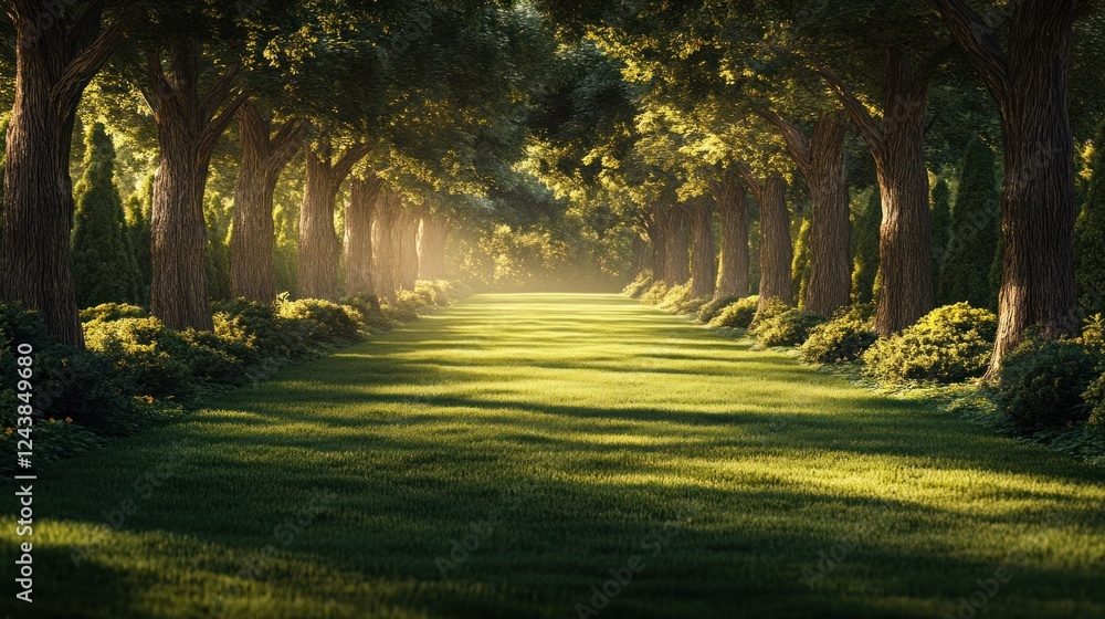 Poster sunlight filters through a serene tree-lined pathway in a lush green park at dawn. generative ai
