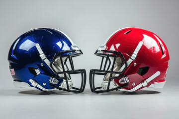 Fototapeta premium Two American football helmets face to face in a dramatic standoff against plain background