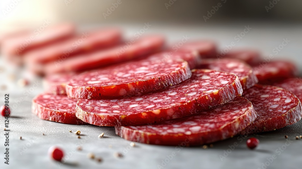 Poster slices of salami floating isolated on transparent background