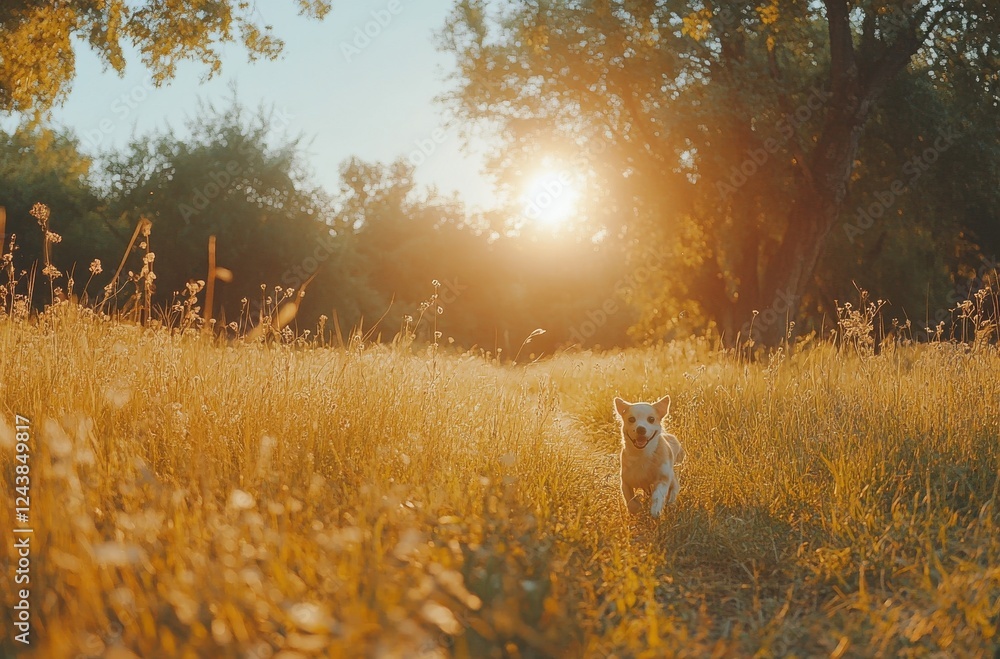 Poster playful dog running in a sunlit meadow during golden hour with warm sunlight filtering through trees