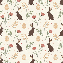 Easter seamless pattern with bunnies, flowers, easter eggs, beautiful background. Textiles, wallpapers. 