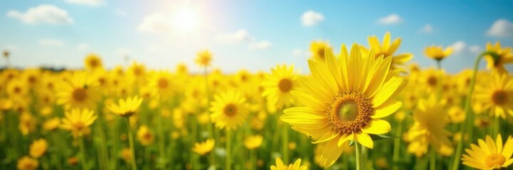 Fototapeta premium A sea of bright yellow flowers in a sunny field, sun, sunnyfield