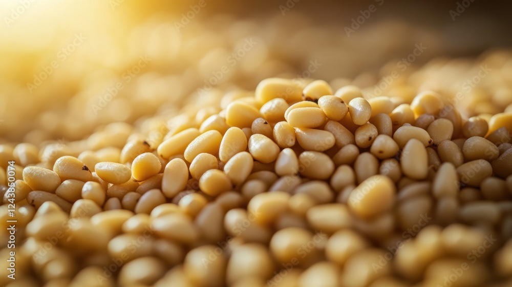 Poster pine nuts displayed in warm sunlight, showcasing texture and natural hues in a rustic setting. gener