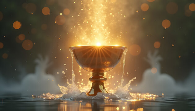 Golden cup overflowing with water surrounded by sparkling light in a mystical atmosphere