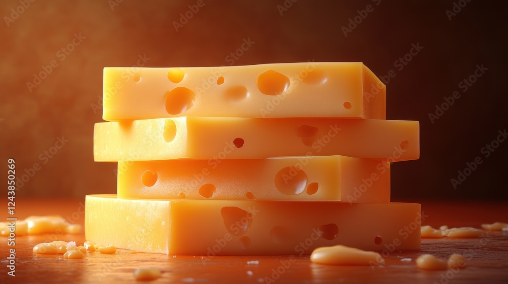 Poster slices of swiss cheese stacked isolated on transparent background