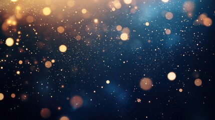 Fototapeta premium Festive gold-blue bokeh lights sparkle, dark background, holiday design