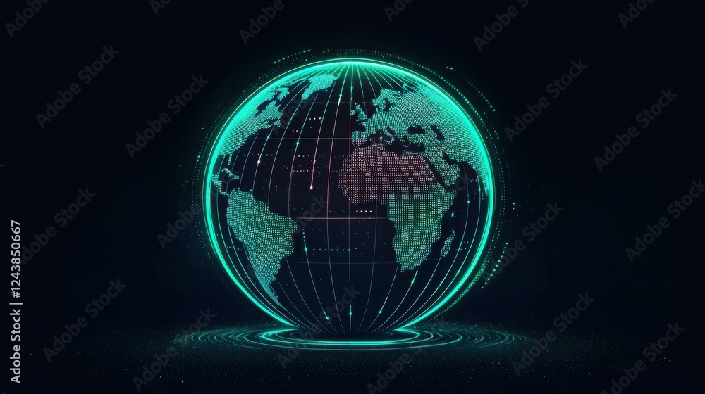 Poster illuminated globe with intricate digital design on a dark background.