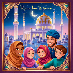 Happy family celebrate for eid mubarak with mosque background