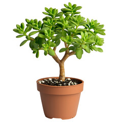 Miniature Jade Plant in Terracotta Pot on Plain Gray Background