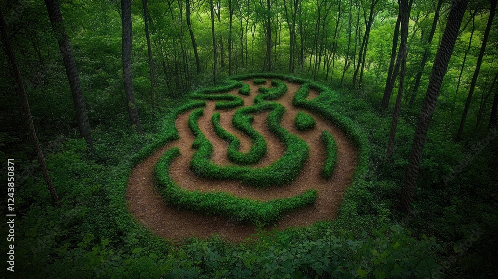 Poster exploring a lush green maze set in a tranquil forest environment with winding paths. generative ai