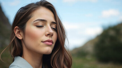 Fototapeta premium Happy, woman and face in nature for thinking, positive mindset and carefree. Female person, smile and inspiration in natural environment for wellness