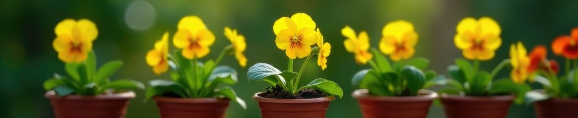 Fototapeta premium Colorful yellow pansy flower in a small garden pot, greenery, pots