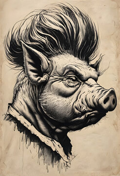 Drawing of a portrait of a pig with a serious gaze like a leader's statue or bust