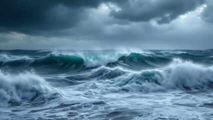 Fototapeta premium Close-up view of turbulent big wave in a stormy sea under a cloudy sky.