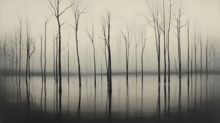 Submerged Serenity: A Monochromatic Landscape of Still Water and Leafless Trees