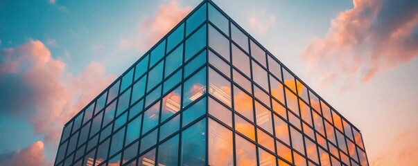Modern glass building reflecting colorful sunset sky view.