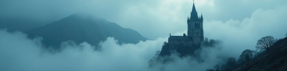 Fog creeps up to the base of a towering spire, ancient, misty, spooky