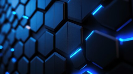 Blue glowing hexagons, tech wall, abstract background, digital design