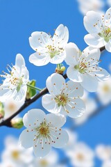Obraz premium Delicate White Cherry Blossoms in Full Bloom Against a Vivid Blue Sky, Spring Floral Background