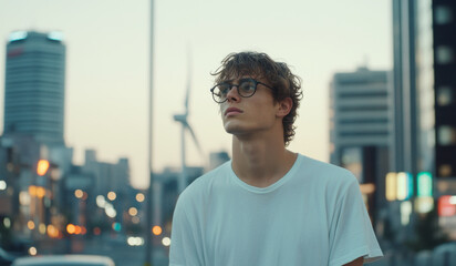 A young man with glasses stands in an urban area, looking upwards thoughtfully as the sun sets in the background.