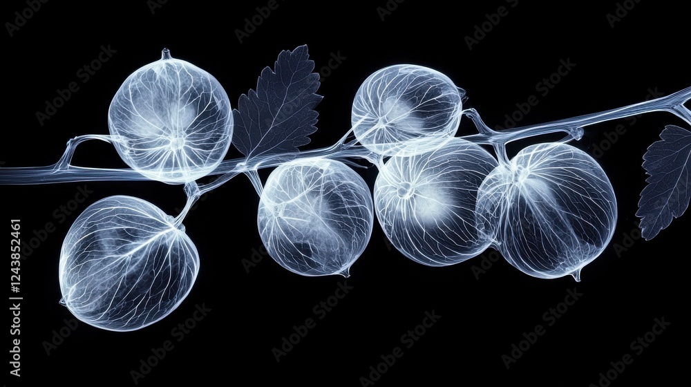 Poster glowing translucent gooseberries on a branch against a black background. the berries are depicted in