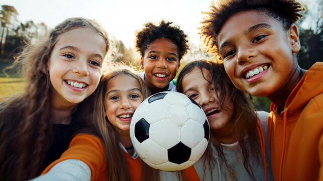 kids take a selfie after playing football, joyful childhood moments - Powered by Adobe