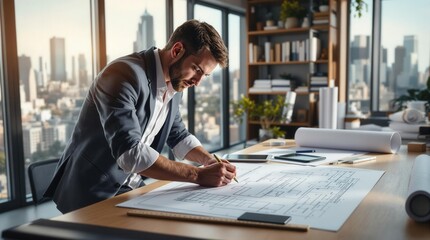 Obraz premium Man Reviewing Architectural Blueprints in Office